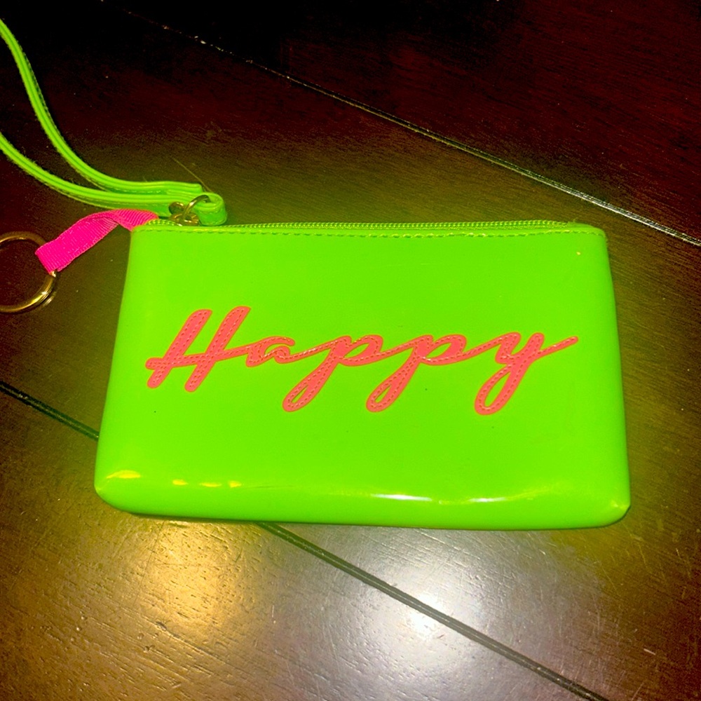 LOLO  MAKEUP COSMETIC GREEN PATENT WITH Pink INTERROGATION MARK DESIGN BAG